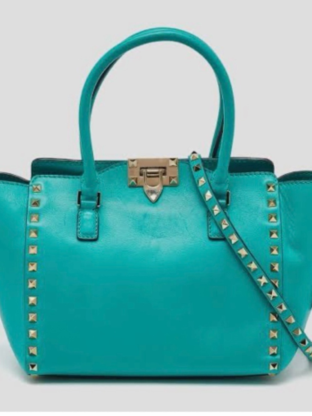 Valentino Rockstud Trapeze Leather Tote Crossbody Bag, Turquoise Blue/Teal, EUC